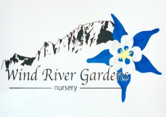 The Wind River Gardens nursery sign: mountain peaks and a blue columbine